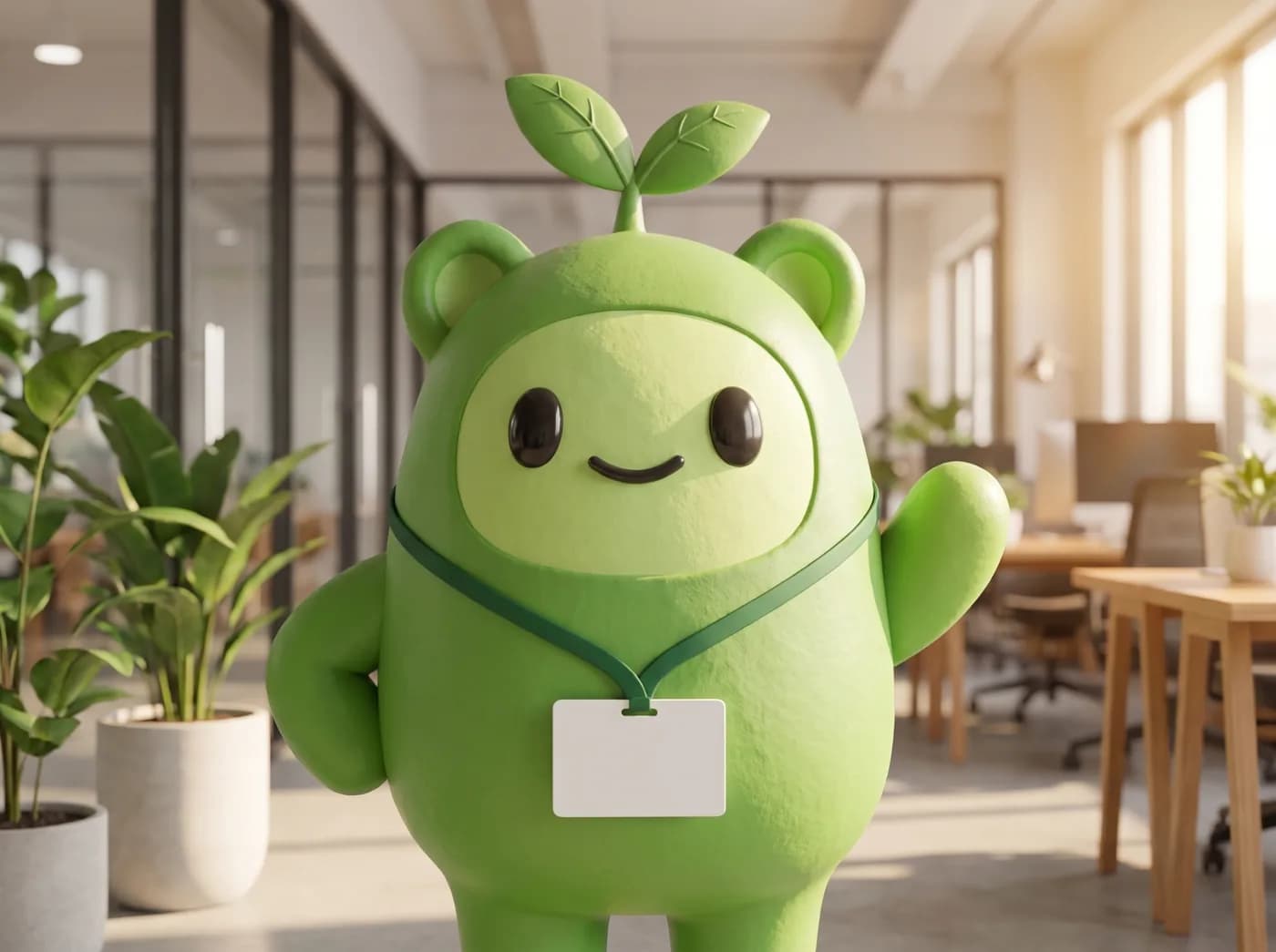 Growfy wearing an ID badge on its first day in a bright office